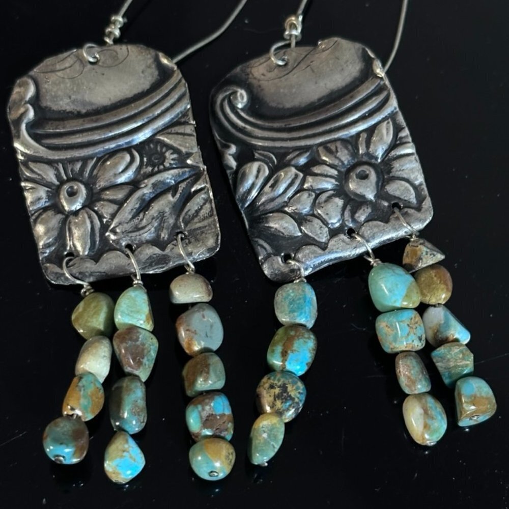 Genuine Royston Turquoise Floral Antique Sterling Silver Earrings Dangle .925
